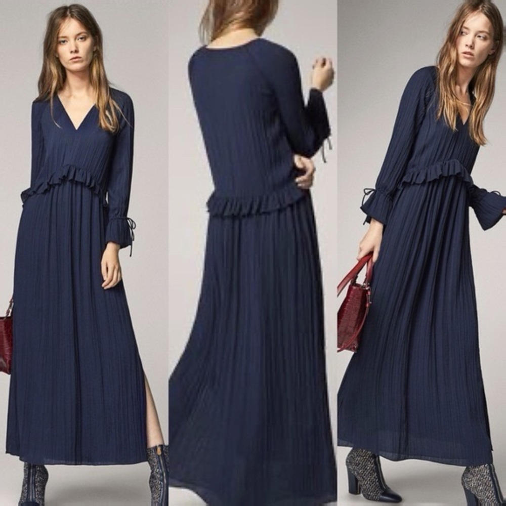 Massimo Dutti - Pleated Navy Maxi Boho Dress - Sml